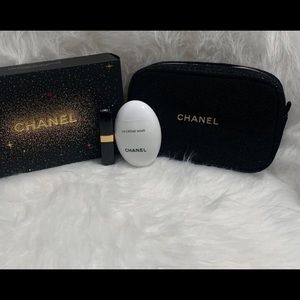 Chanel bag with hand cream and lip set